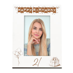 21st Birthday White Wooden Photo Frame Engraved Bunting Style Gift