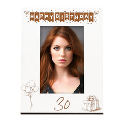 30th Birthday White Wooden Photo Frame Engraved Bunting Style Gift