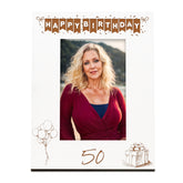 50th Birthday White Wooden Photo Frame Engraved Bunting Style Gift