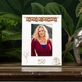 50th Birthday White Wooden Photo Frame Engraved Bunting Style Gift