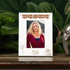 50th Birthday White Wooden Photo Frame Engraved Bunting Style Gift