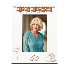 60th Birthday White Wooden Photo Frame Engraved Bunting Style Gift