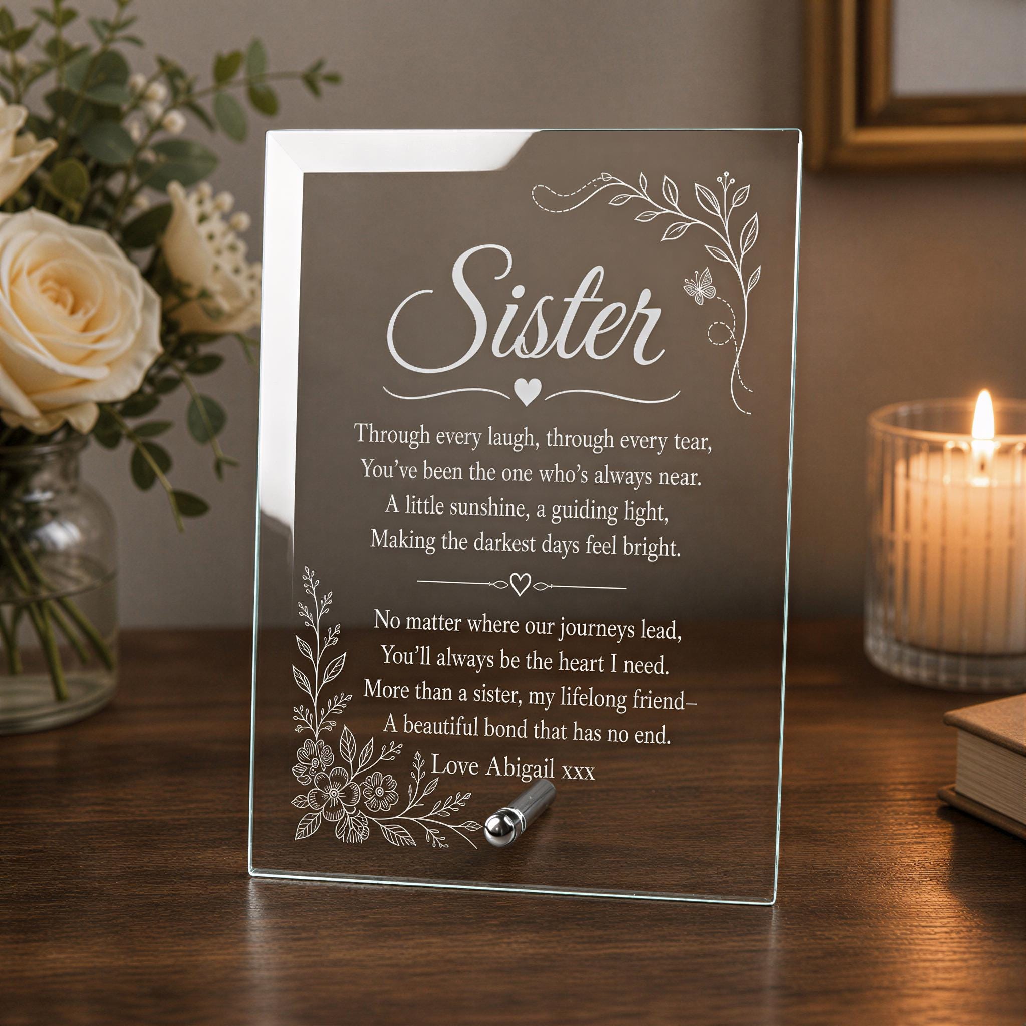 a glass frame with a heartfelt message about a sister, accompanied by a candle and a vase of white roses.