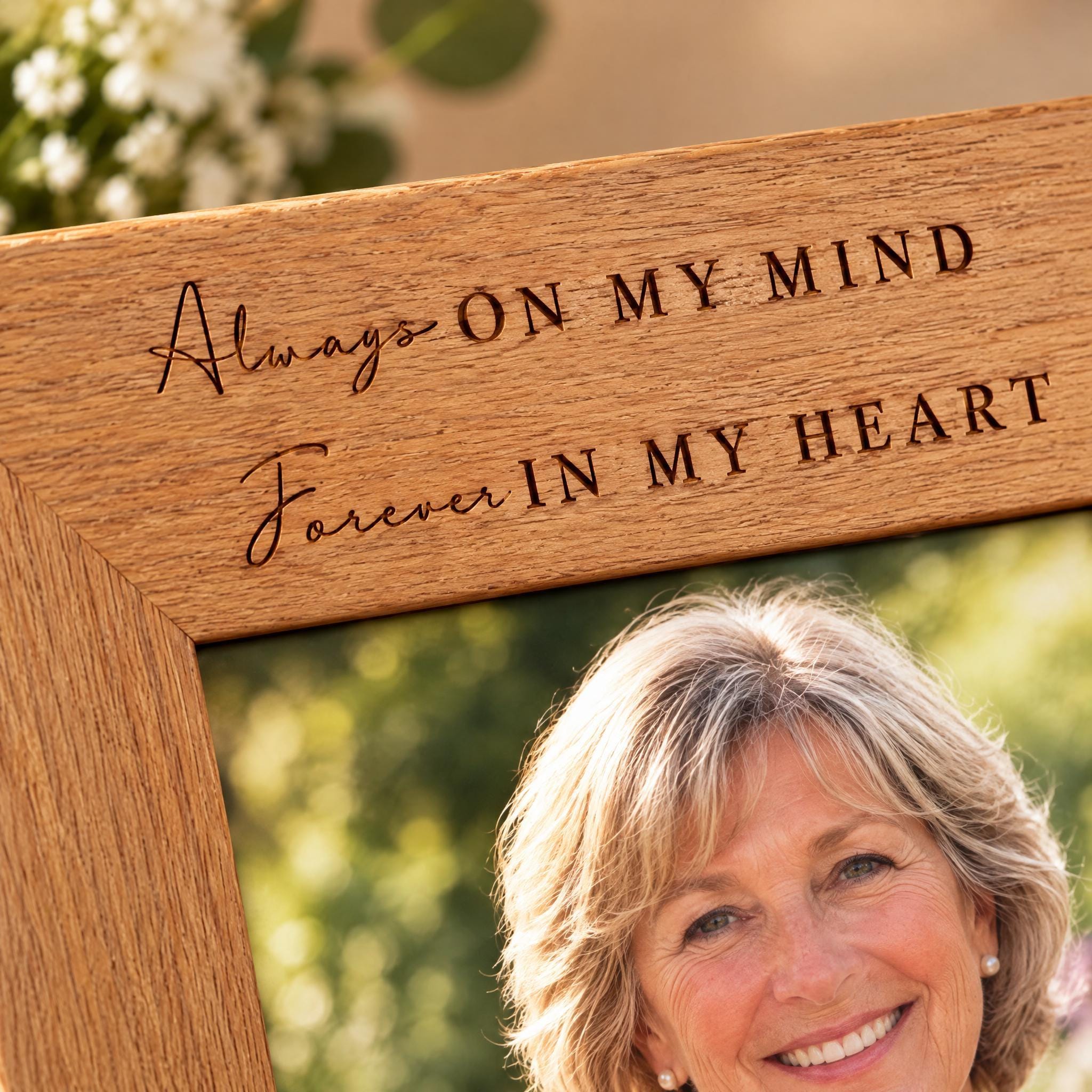 A woman with short blonde hair is smiling at the camera, with a wooden frame in the foreground.