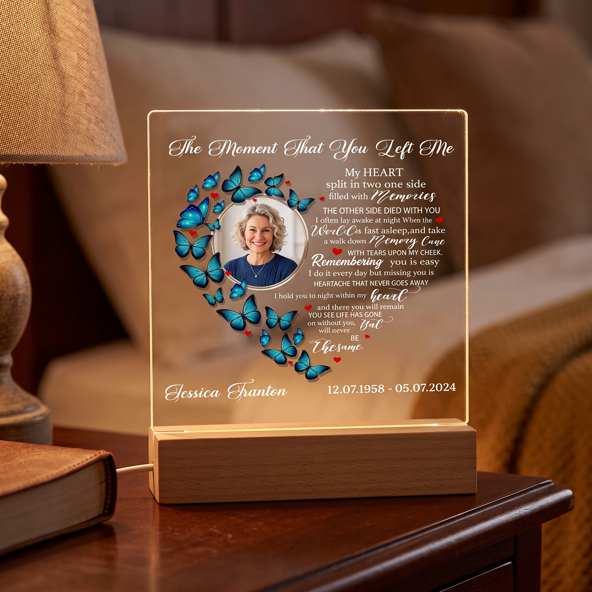 Personalised Photo Memorial Lamp Night Light Condolence Sympathy Gift Heart Butterfly Personalised Heart Gifts ukgiftstoreonline