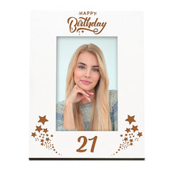 Happy 21st Birthday White Wooden Portrait Photo Frame Star Design Gift
