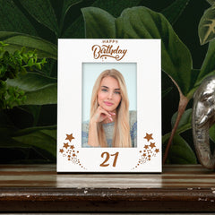 Happy 21st Birthday White Wooden Portrait Photo Frame Star Design Gift