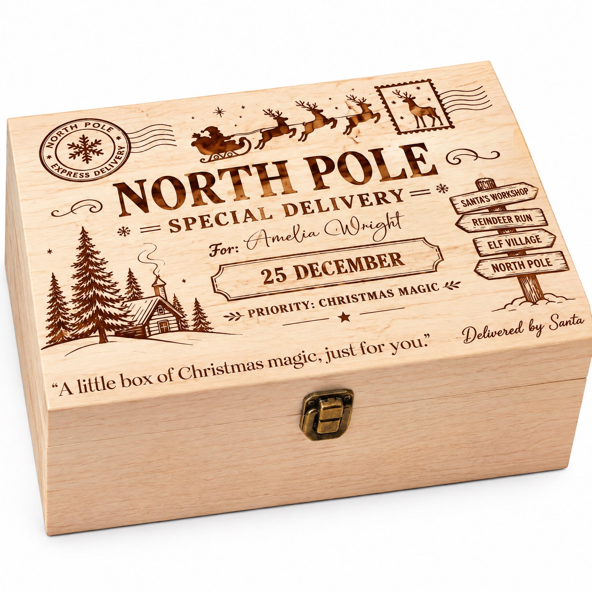 A wooden box with a Christmas-themed design, featuring a Santa Claus sleigh, reindeer, and snowflakes. The box has a lid and a latch, and it appears to be a special delivery box for Christmas.