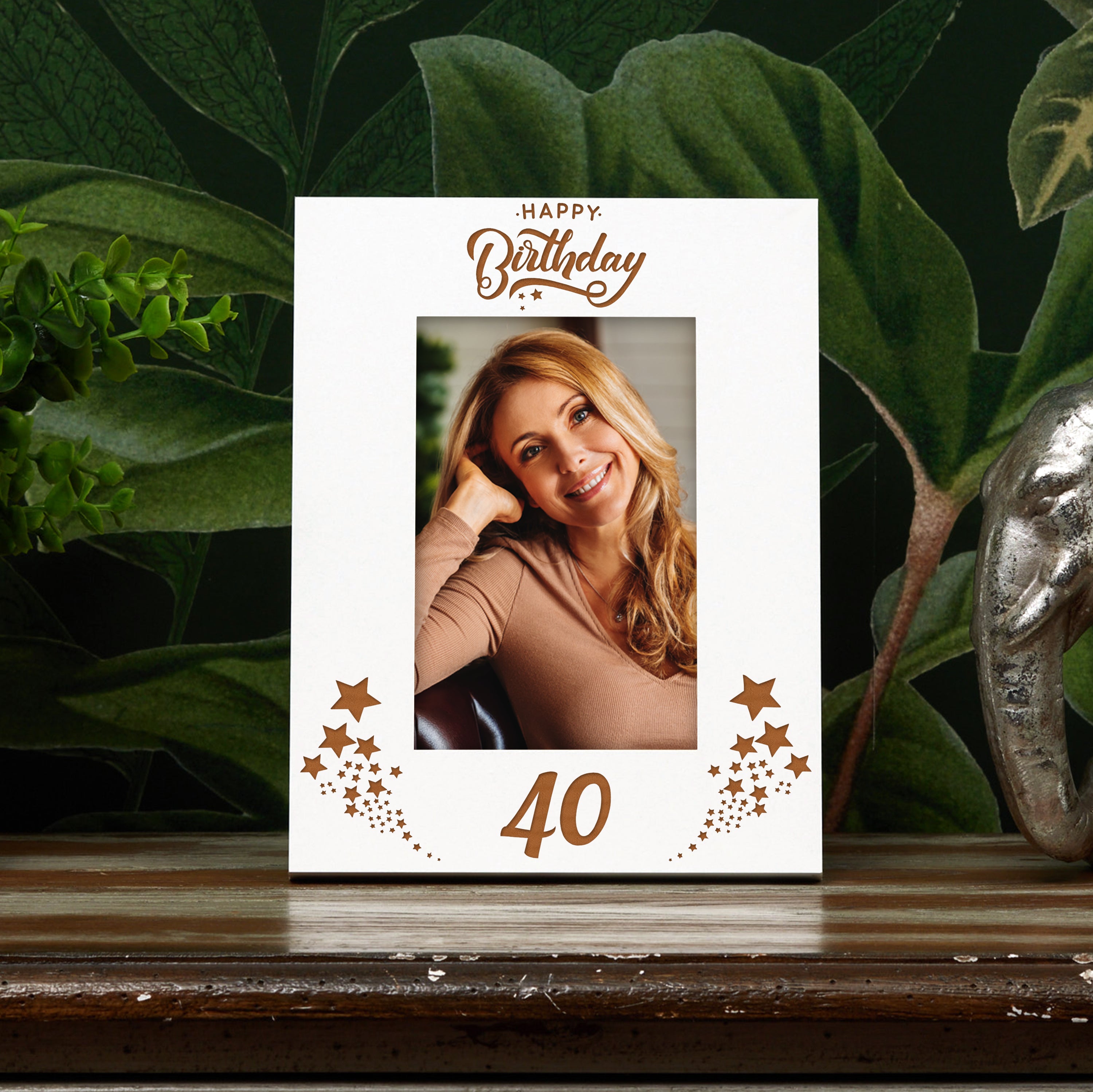 Happy 40th Birthday White Wooden Portrait Photo Frame Star Design Gift Family Photo frame ukgiftstoreonline