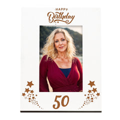 Happy 50th Birthday White Wooden Portrait Photo Frame Star Design Gift