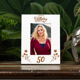Happy 50th Birthday White Wooden Portrait Photo Frame Star Design Gift