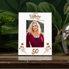 Happy 50th Birthday White Wooden Portrait Photo Frame Star Design Gift