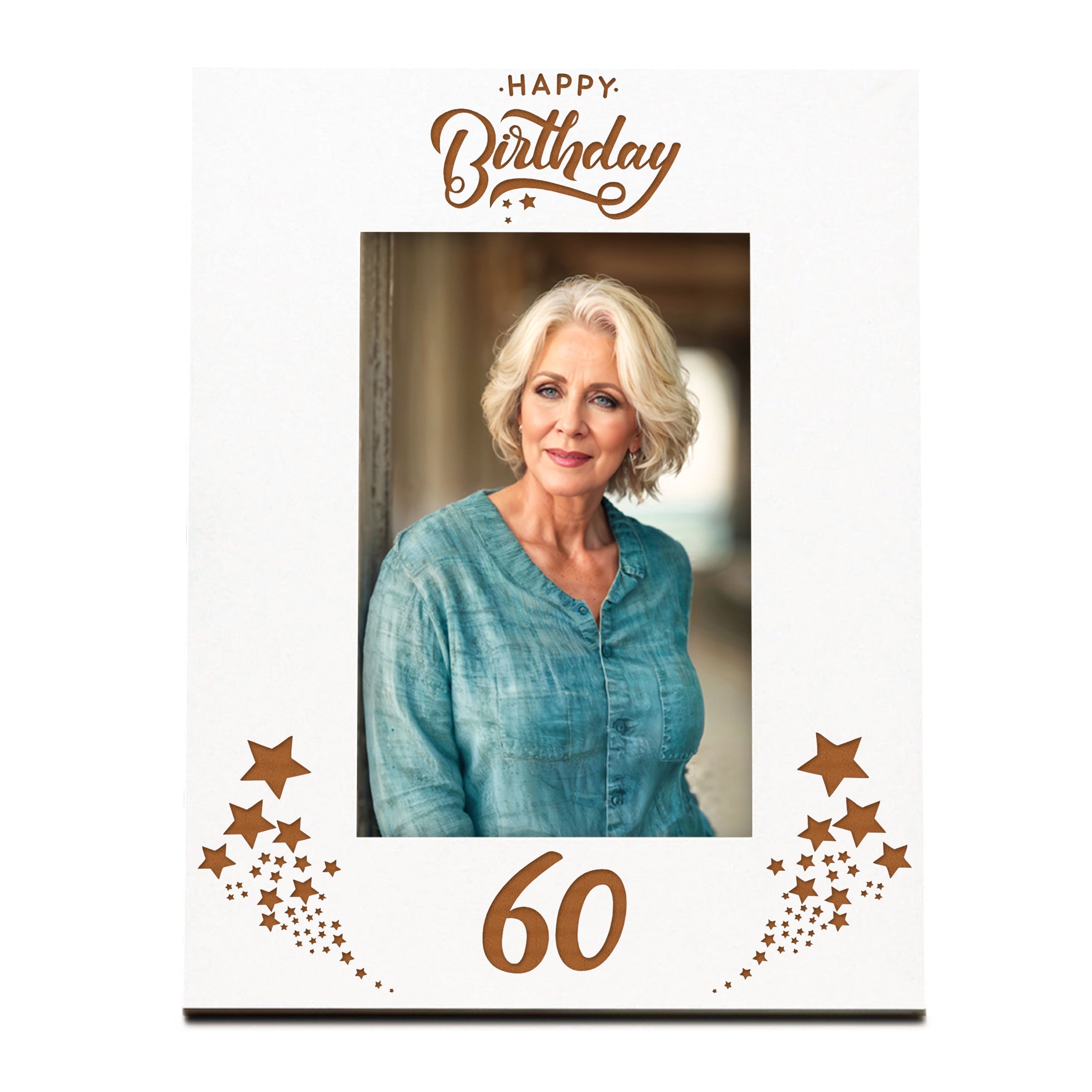 Happy 60th Birthday White Wooden Portrait Photo Frame Star Design Gift Family Photo frame ukgiftstoreonline