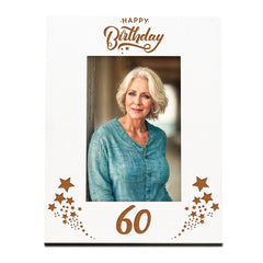 Happy 60th Birthday White Wooden Portrait Photo Frame Star Design Gift
