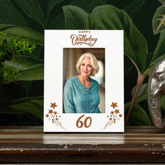 Happy 60th Birthday White Wooden Portrait Photo Frame Star Design Gift