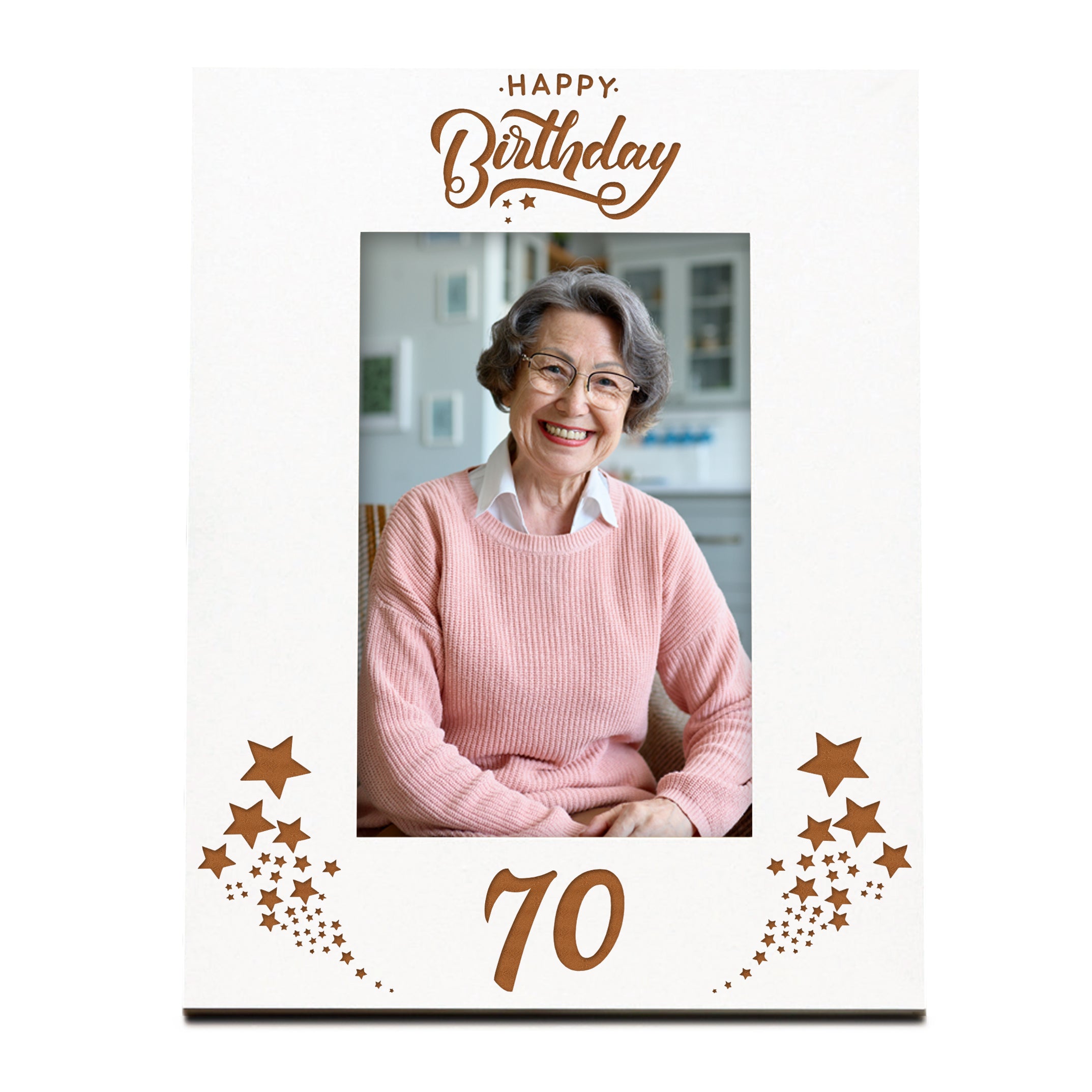 Happy 70th Birthday White Wooden Portrait Photo Frame Star Design Gift Family Photo frame ukgiftstoreonline