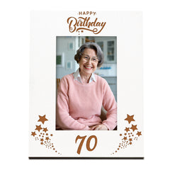 Happy 70th Birthday White Wooden Portrait Photo Frame Star Design Gift