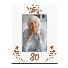 Happy 80th Birthday White Wooden Portrait Photo Frame Star Design Gift