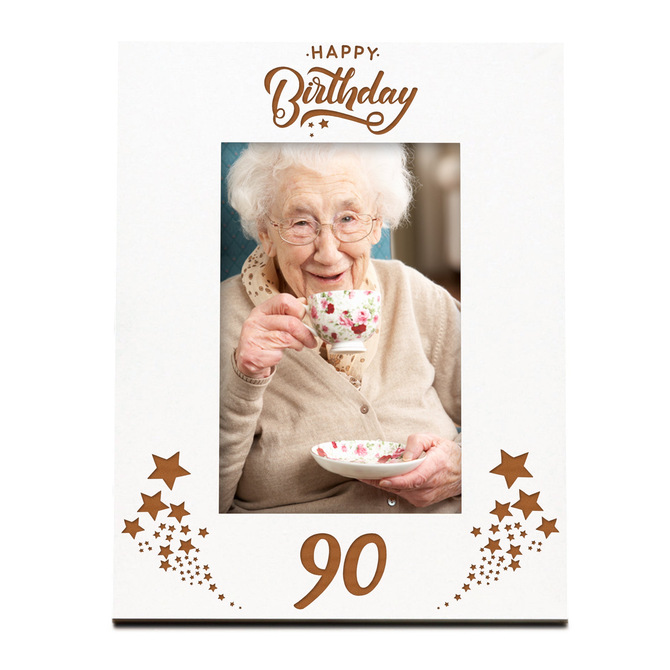 Happy 90th Birthday White Wooden Portrait Photo Frame Star Design Gift Family Photo frame ukgiftstoreonline