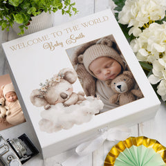 Personalised White Baby Memory Box, Cute Sleeping Animal Design, Keepsake For Special and Favourite Mementos