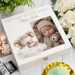 Personalised White Baby Memory Box, Cute Sleeping Animal Design, Keepsake For Special and Favourite Mementos