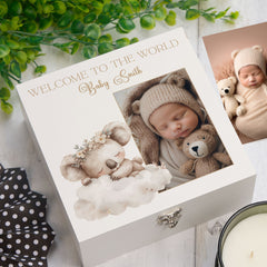 Personalised White Baby Memory Box, Cute Sleeping Animal Design, Keepsake For Special and Favourite Mementos