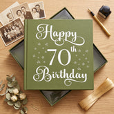 70th Birthday Olive Green Album, Star Motif, 50 Prints, Captions ukgiftstoreonline