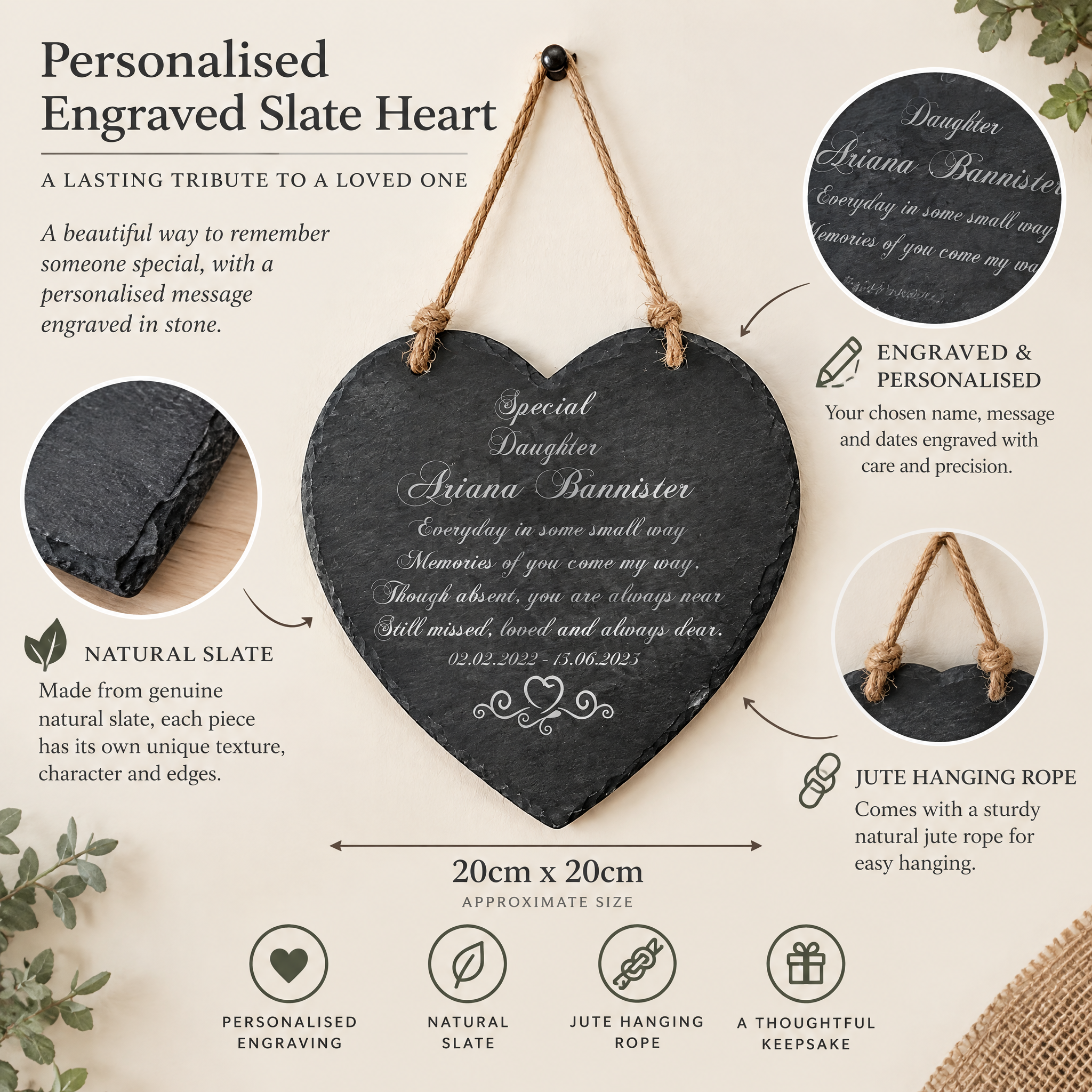 Personalised Daughter Memorial Remembrance Slate Plaque Heart Symbol Personalised Heart Gifts ukgiftstoreonline