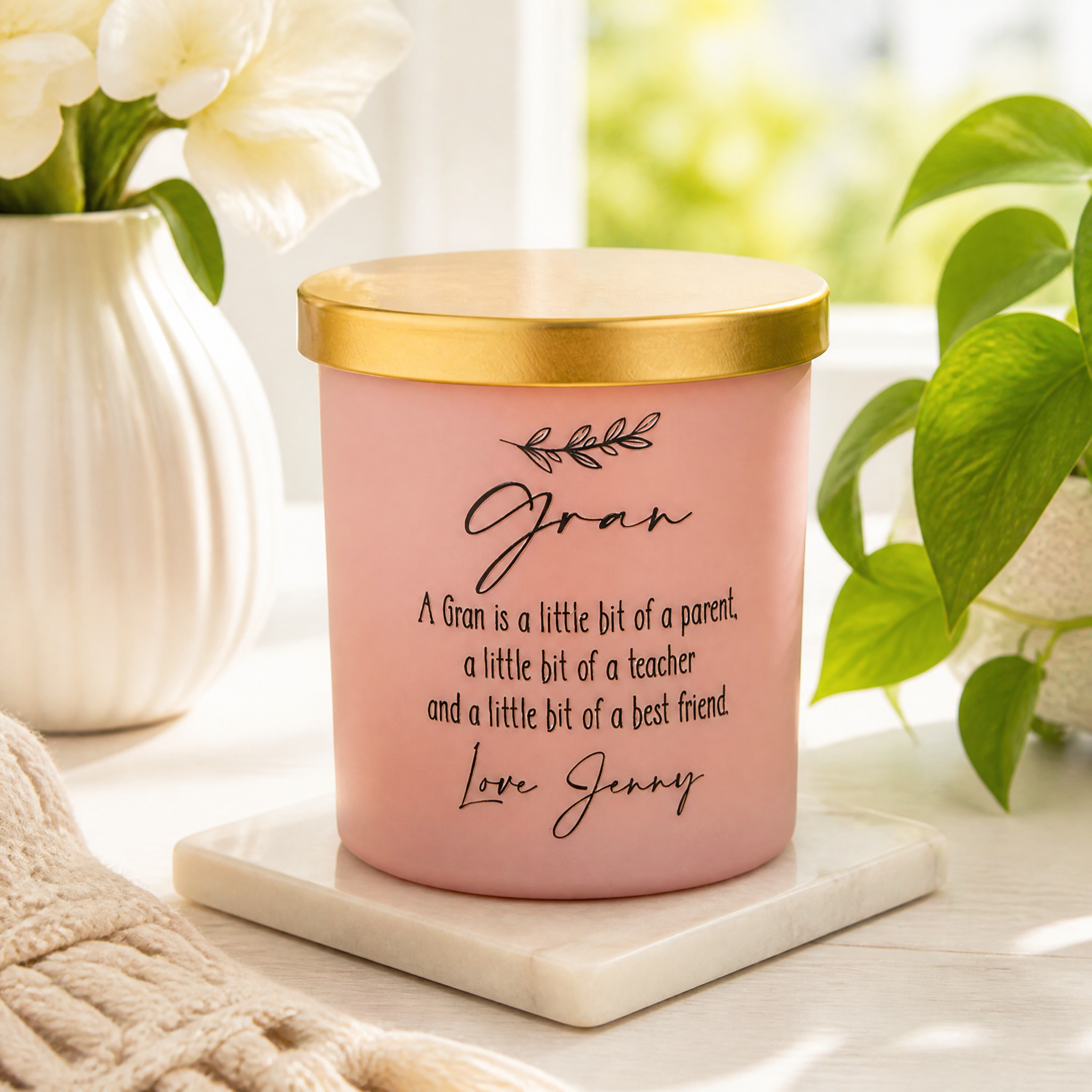 Personalised Jar Candle, Pink Frosted Glass Sentiment Gift For Gran personalised Candle Lights ukgiftstoreonline