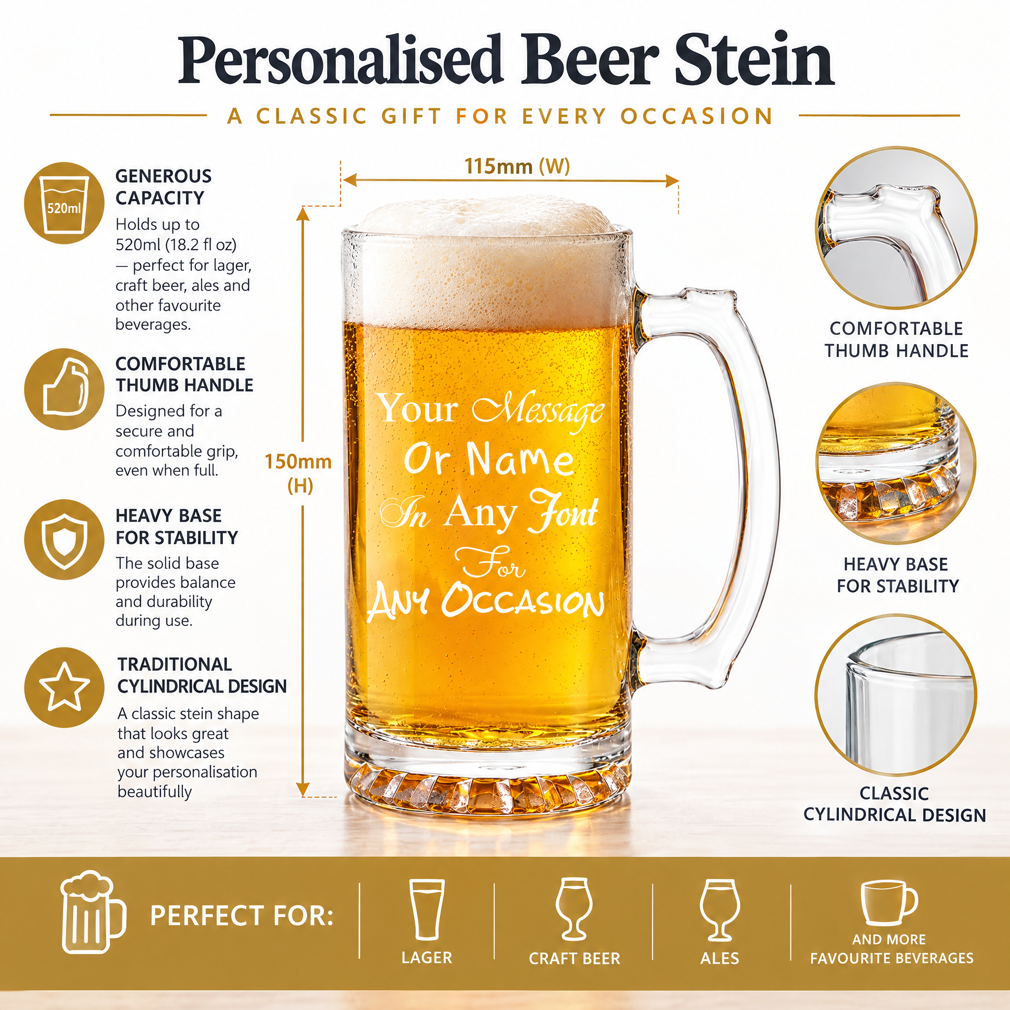 Personalised Beer Stein, 520Ml Engraved Glass Mug, Thumb Handle, Gift Box personalised beer glasses ukgiftstoreonline