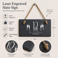 The image is a detailed description of a laser engraved slate sign, highlighting its features and dimensions.
