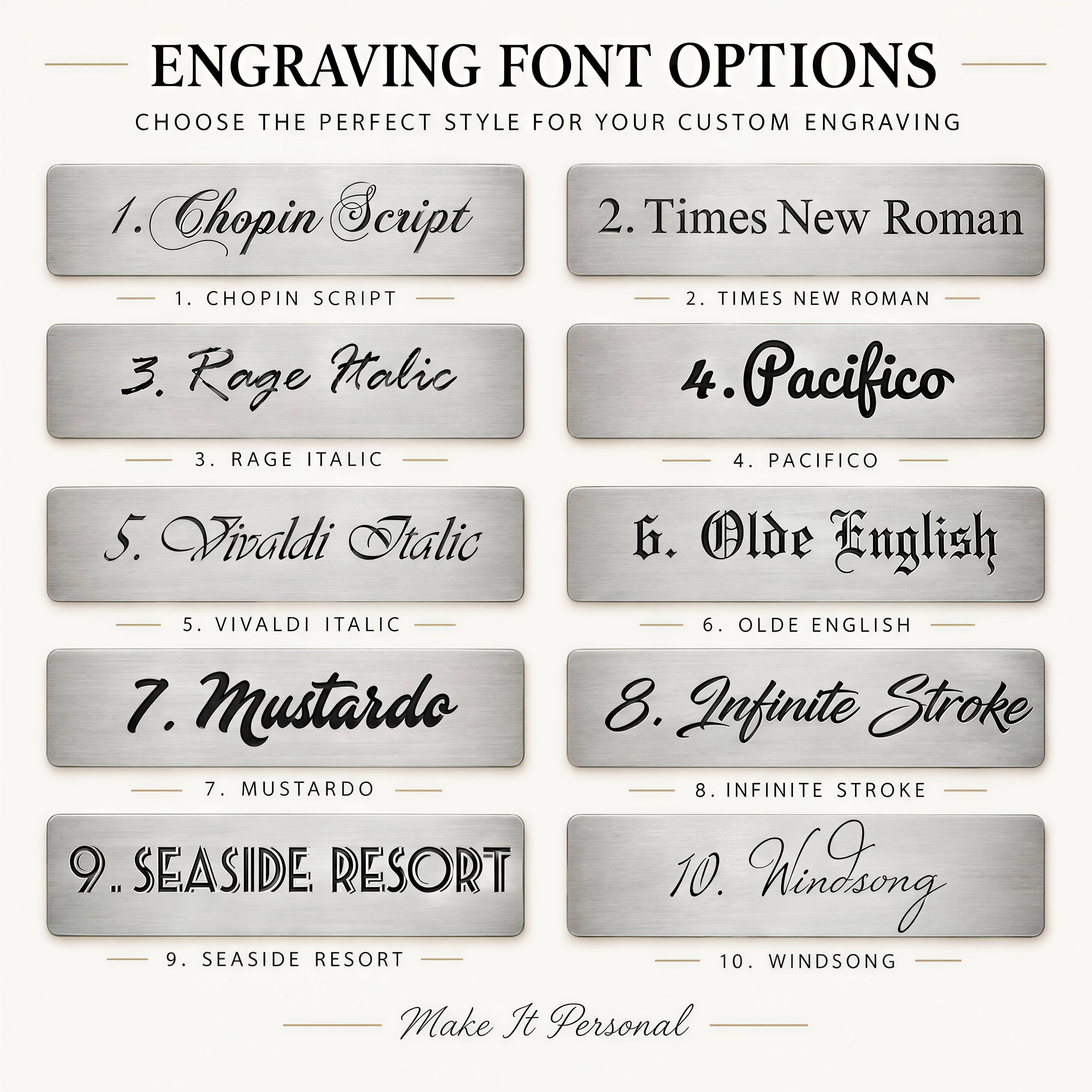 a collection of engraved font options, each with a unique style and name, allowing for customization of the font for personal use.
