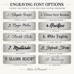 a collection of engraved font options, each with a unique style and name, allowing for customization of the font for personal use.