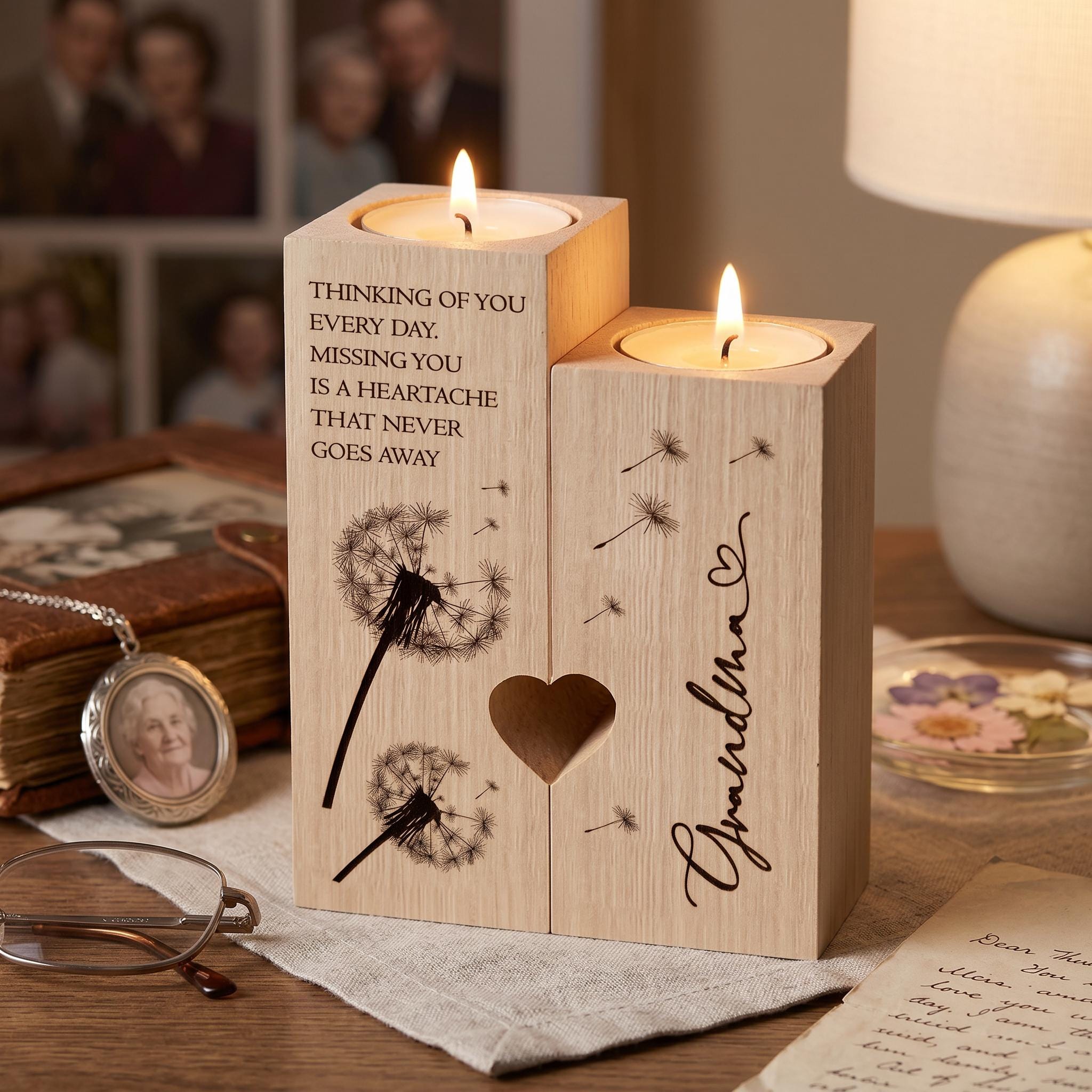 a pair of wooden candle holders with a heart-shaped cutout in the middle, placed on a wooden surface. The candle holders have a message engraved on them, and there are two lit candles inside. In the background, there are some personal items, such as a pair of glasses, a book, and a lamp.