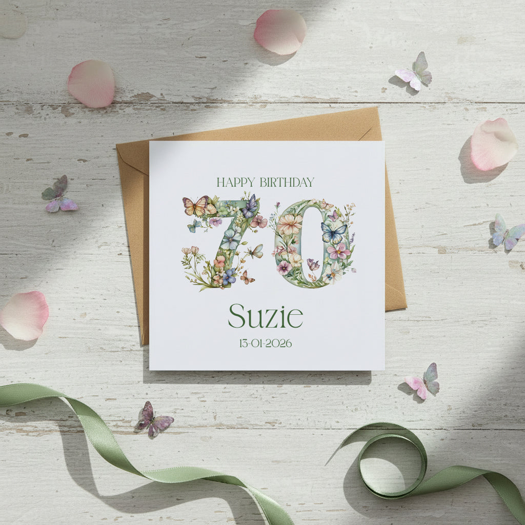 Personalised Luxury Linen 70th Birthday Card, Mum Auntie wife Grandma Friend Floral Numbers Personalised Cards ukgiftstoreonline
