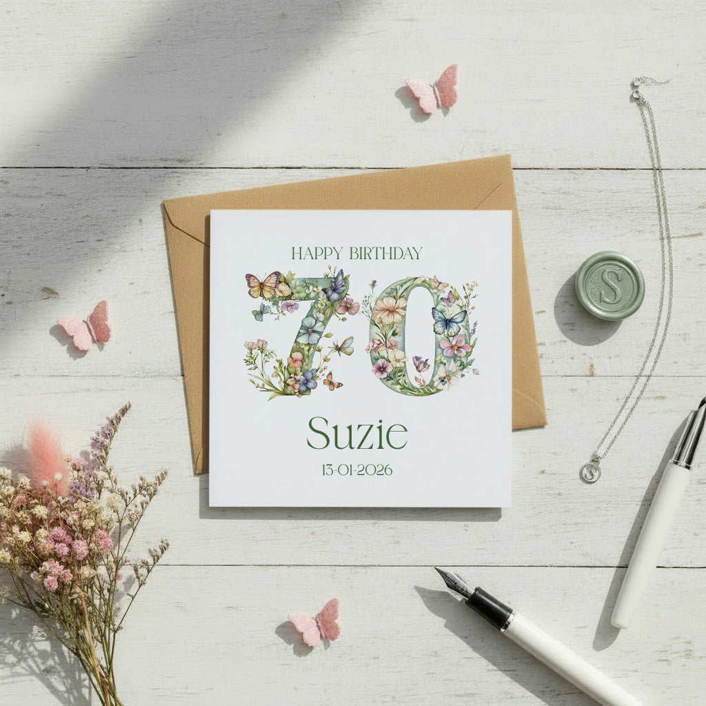 Personalised Luxury Linen 70th Birthday Card, Mum Auntie wife Grandma Friend Floral Numbers Personalised Cards ukgiftstoreonline