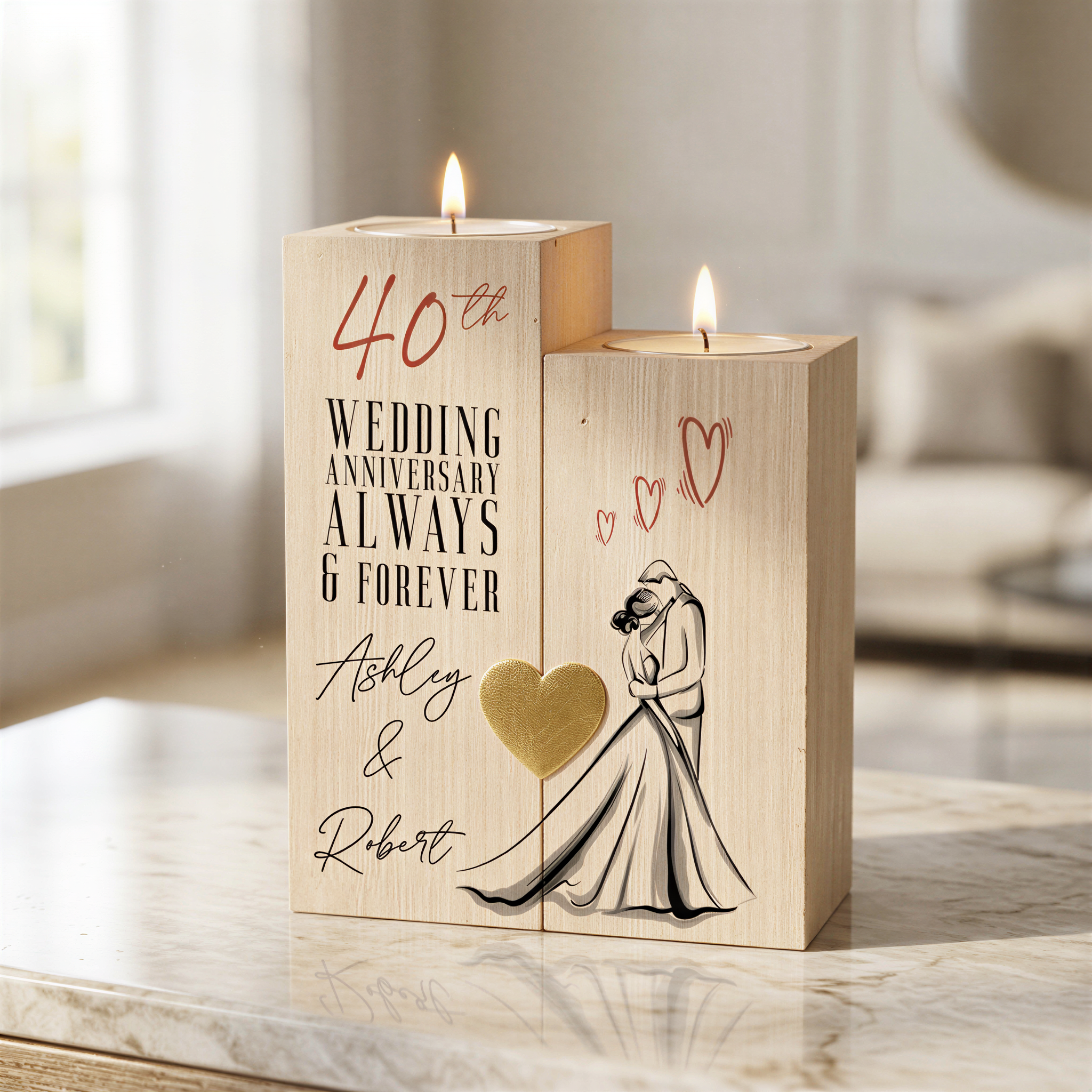Personalised 40th Anniversary Double Tea Light Candle Holder With Couple Tea Light Holder ukgiftstoreonline