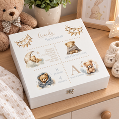 Personalised Baby Memory Keepsake Box with Cute Teddy Icons and Birth Details ukgiftstoreonline