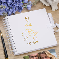 Our Story So Far Love Themed White Scrapbook Guest Book Photo Album Gold Script