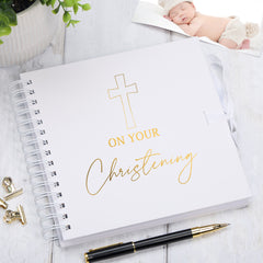 On Your Christening Gold Metal Stamped Scrapbook Photo Album Guest Book