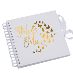 Mr and Mrs Wedding White Scrapbook Guest Book Photo Album Gold Script Butterfly Design