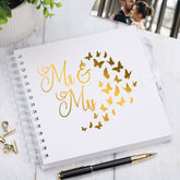 Mr and Mrs Wedding White Scrapbook Guest Book Photo Album Gold Script Butterfly Design