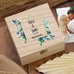 Personalised Wooden Wedding Keepsakes Memory Box Gift With a Blue Green Theme