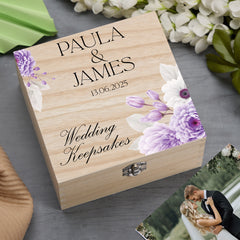 Personalised Wooden Wedding Keepsakes Memory Box With Purple Flowers