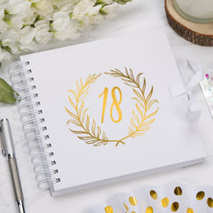 18th Birthday White Scrapbook Photo album With Gold Script Laurel Wreath