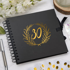 30th Birthday Black Scrapbook Photo album With Gold Script Laurel Wreath