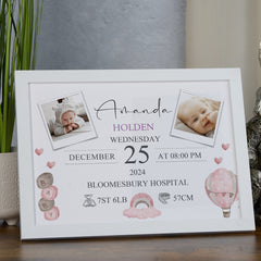 Personalised Baby Girl Photo Frame, A4 Framed Print and Photos with Birth Details
