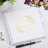 50th Birthday White Scrapbook Photo album With Gold Script Laurel Wreath