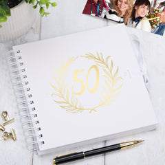 50th Birthday White Scrapbook Photo album With Gold Script Laurel Wreath