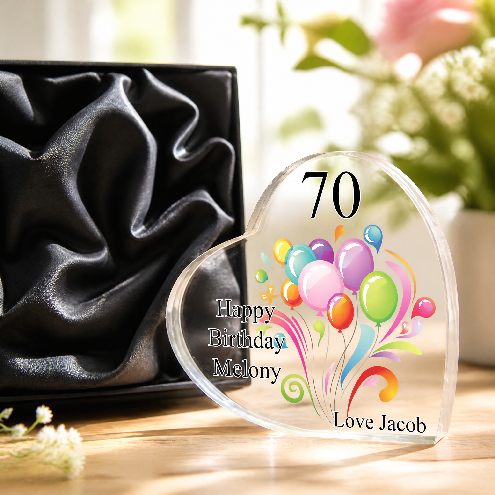 Personalised 70th Birthday Balloon Heart Block In Gift Box Personalised Plaque Gift ukgiftstoreonline